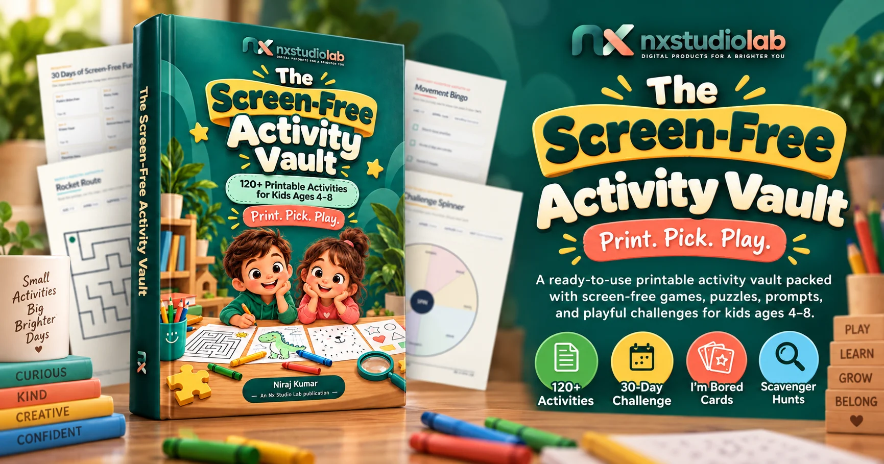 25 screen-free activity ideas for kids ages 4–8 with printable games, puzzles, creative play, and indoor activities
