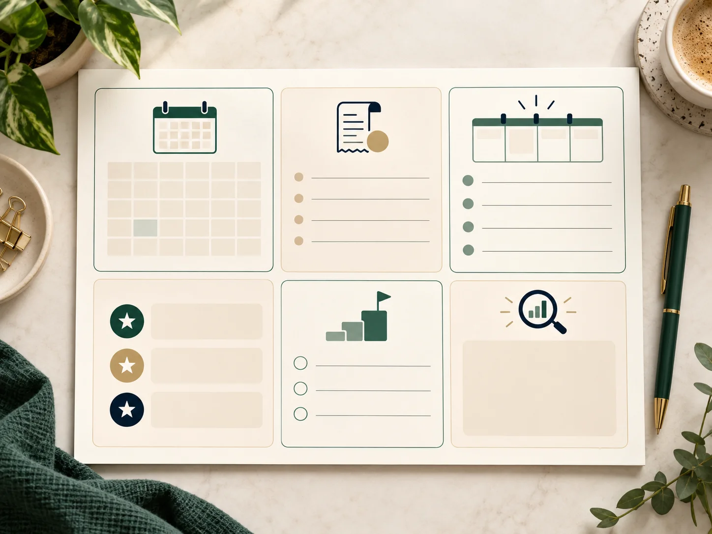 Six-section monthly reset worksheet with spaces for dates, expenses, a busy week, priorities, first steps, and a mid-month review.