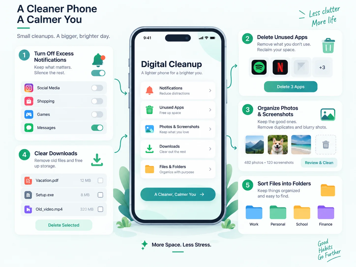 Digital cleanup checklist for notifications, apps, photos, downloads and folders