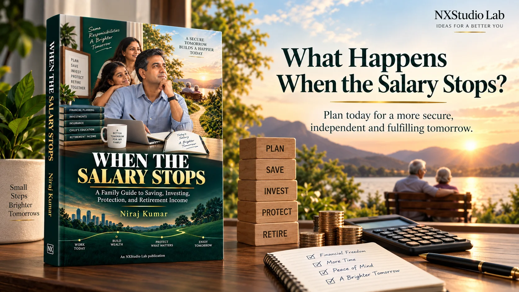 Retirement planning concept with the ebook, coins, calculator, plan-save-invest-protect-retire blocks, and an older couple at sunset.