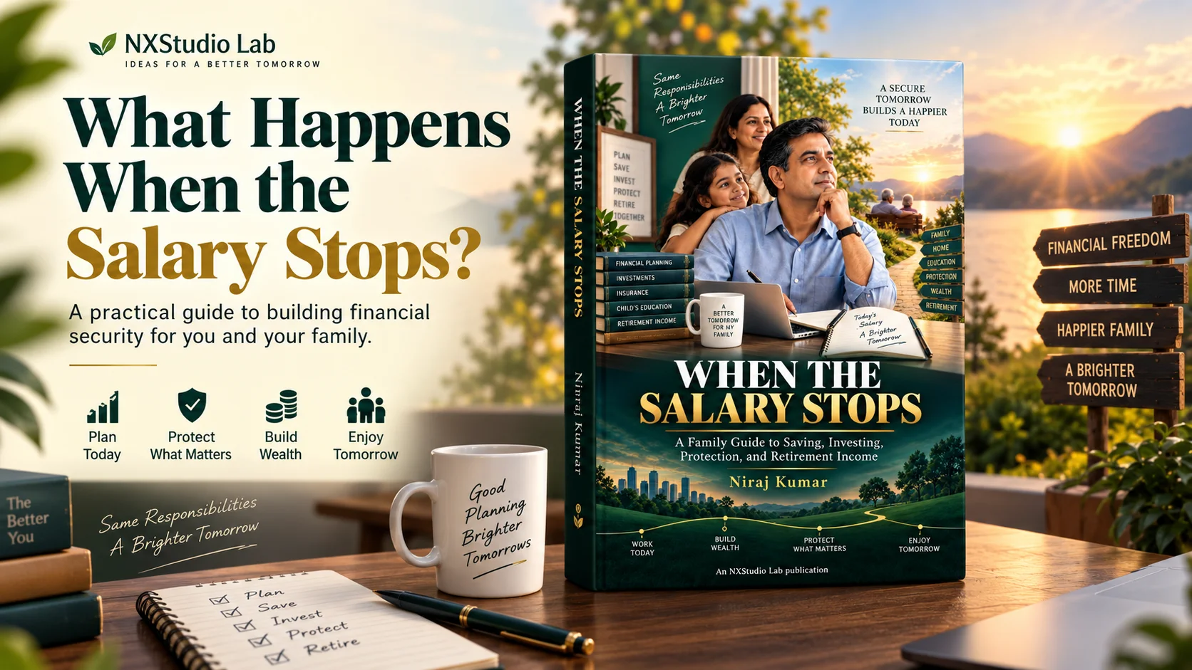 Financial planning workspace with the ebook, checklist, mug, and simple icons for planning, protection, wealth building, and retirement.