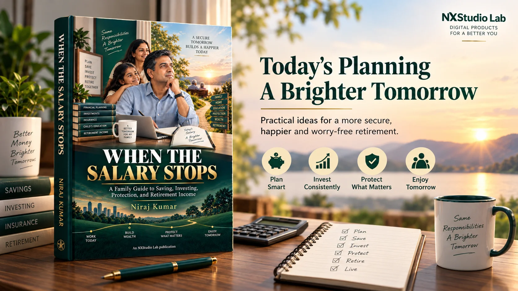 The When the Salary Stops ebook beside a retirement-planning notebook, calculator, books, and financial planning icons in a warm workspace.