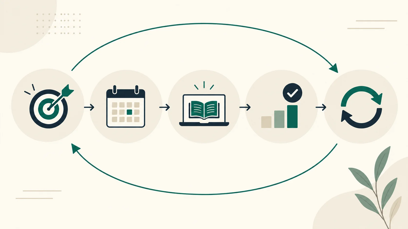 A simple visual learning framework showing goals, focused sessions, practice, review, and adjustment across a week.