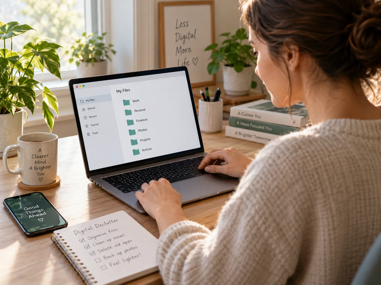 Woman organizing digital files on a laptop at a calm home workspace