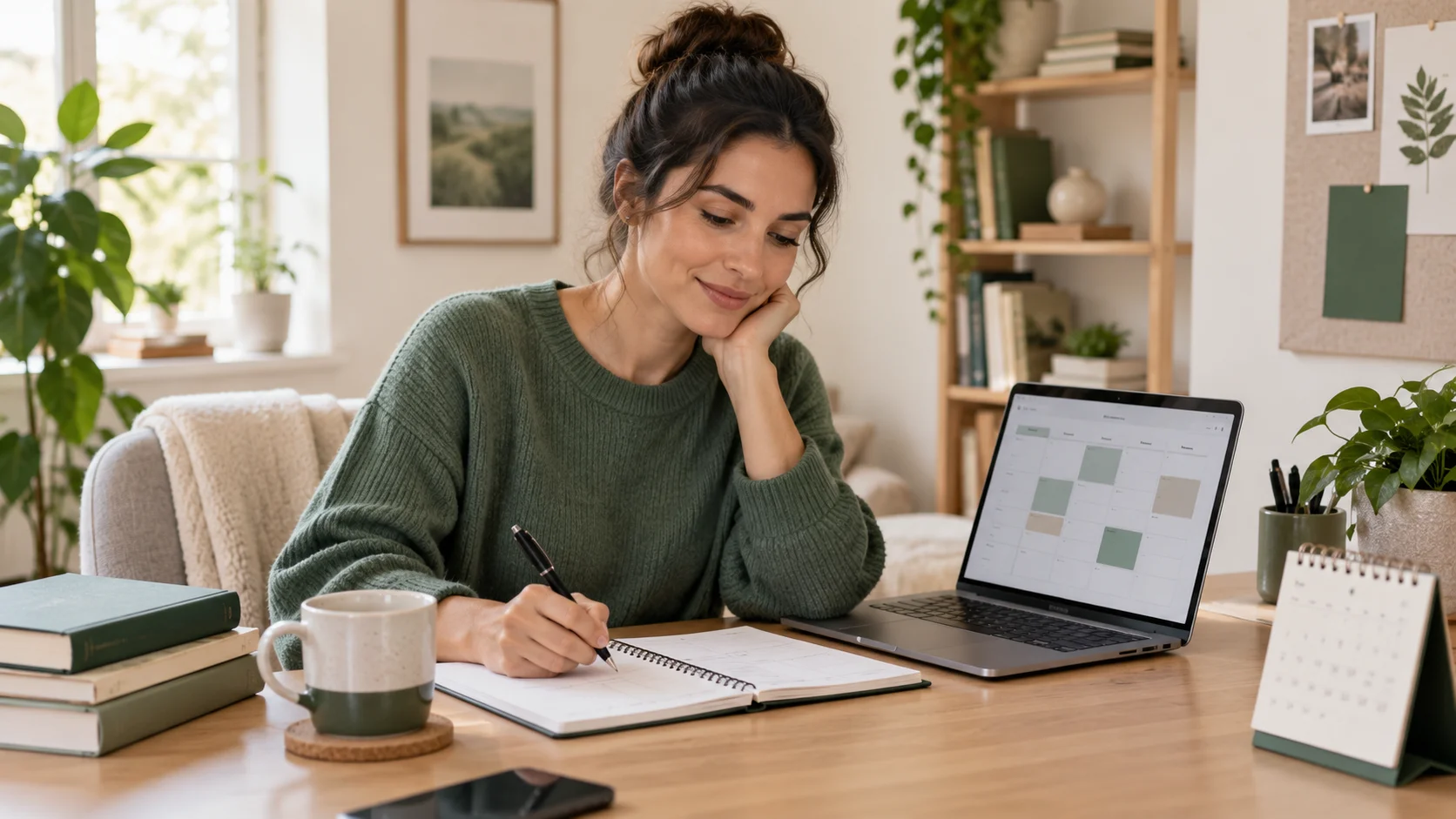A learner at a tidy desk reviewing a weekly schedule beside a laptop, notebook, and study materials.